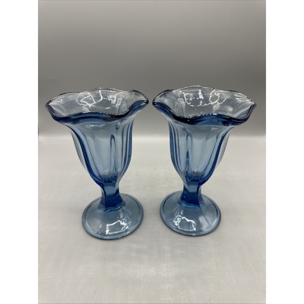 Vintage Anchor Hocking Sundae Glass Fountainware Blue Tinted Tulip Shape Set/2